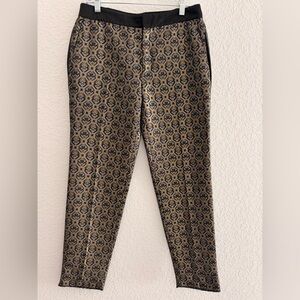 ZARA Black & Gold Brocade Low-Waist Cigarette Trousers | Raw Hem Pants